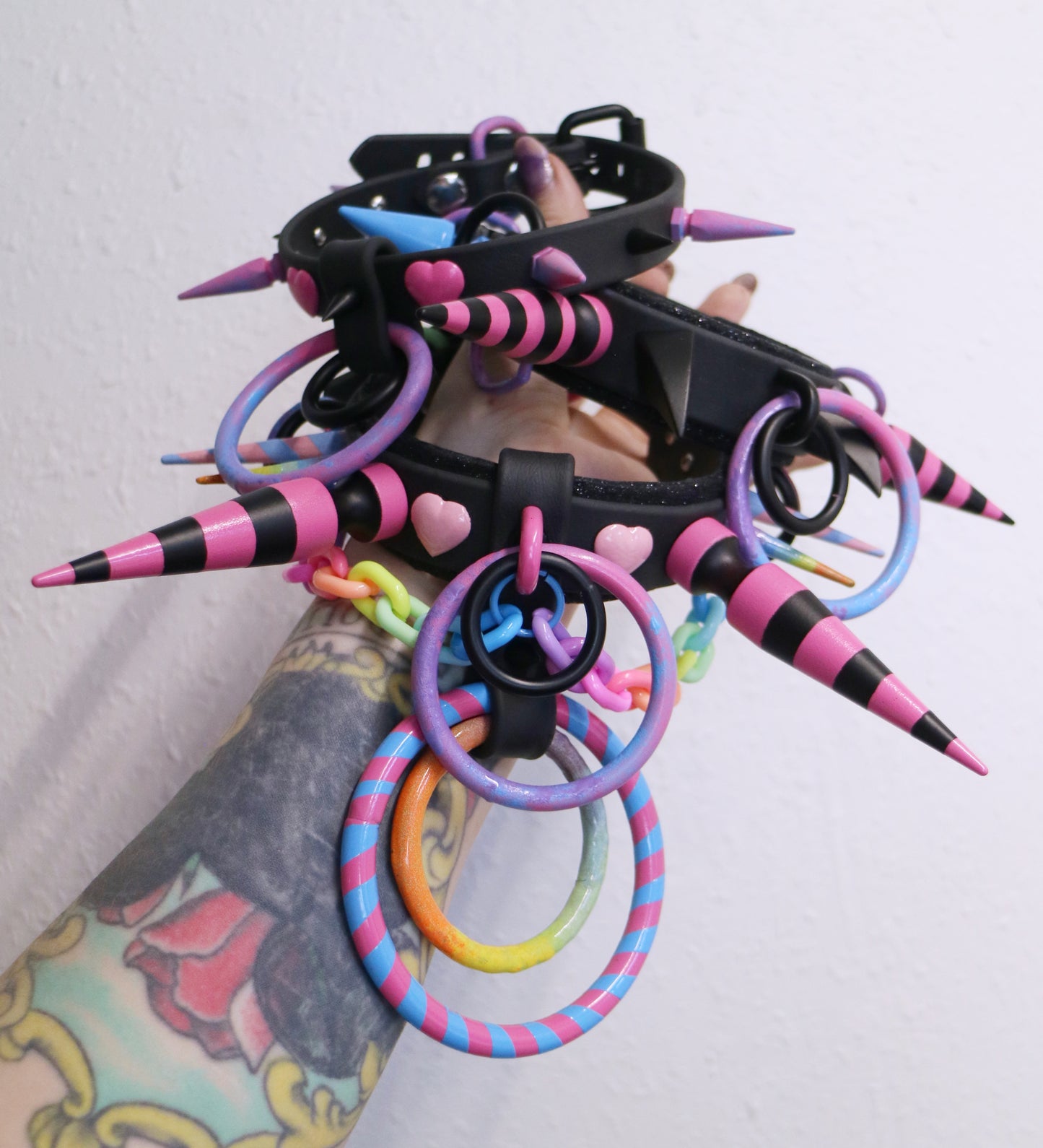 Cotton Candy Rainbow Pastel Goth Spiked Choker by Gutterscotch cyberpop hyperpop rainbow colorful spiked collar pride harajuku japanese street fashion decora pastel black extreme giant spikes punk goth aesthetic heart hearts chains glitter collar