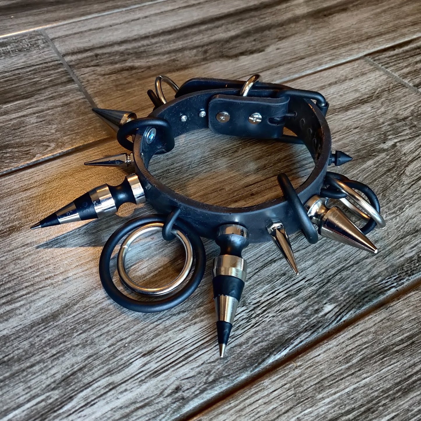Black and Silver Powder coated striped giant spike collar trad goth nugoth emo visual kei punk DIY alt fashion handmade silione biothane vegan