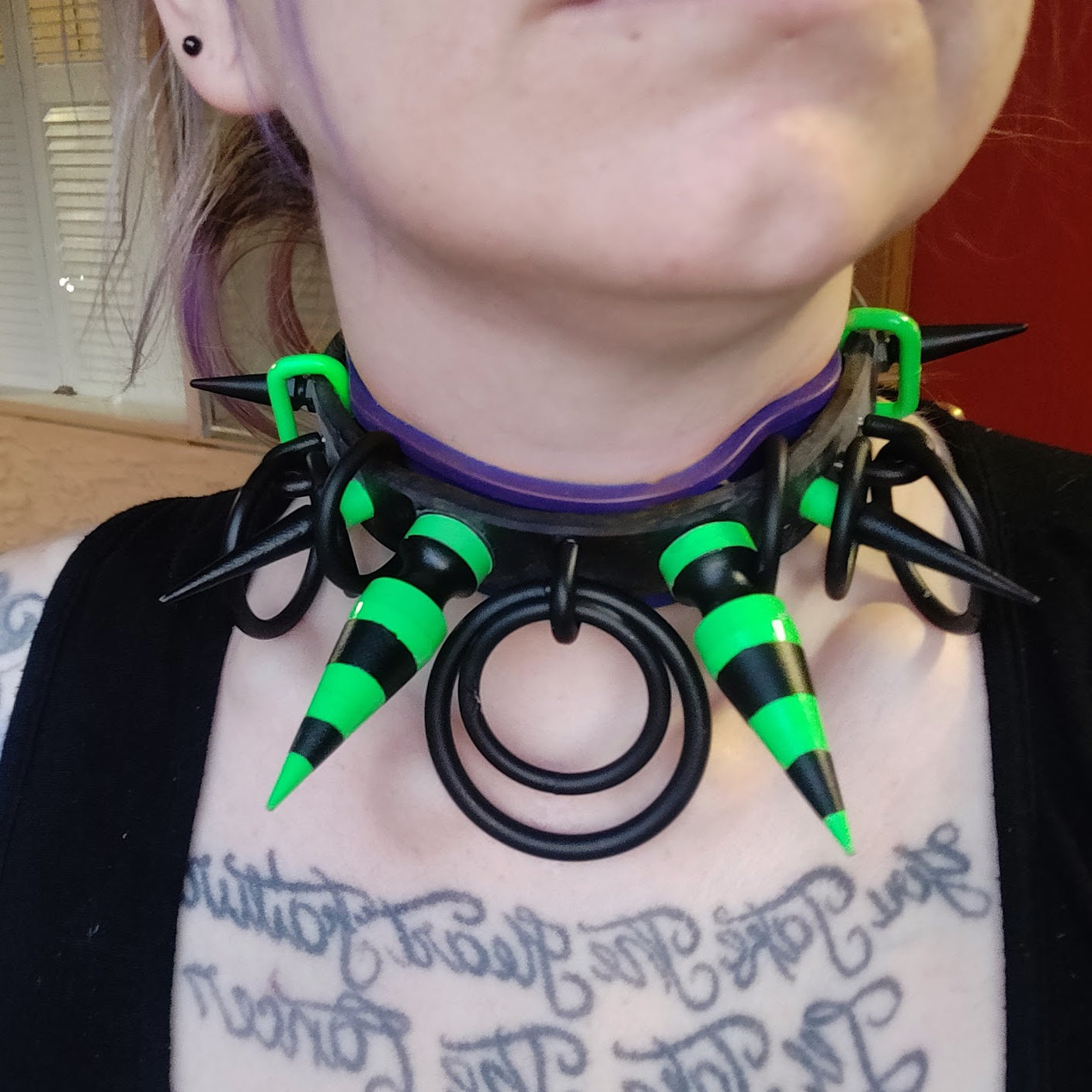 halloween black purple and green striped spike collar giant spikes goth punk alt fashion by gutterscotch