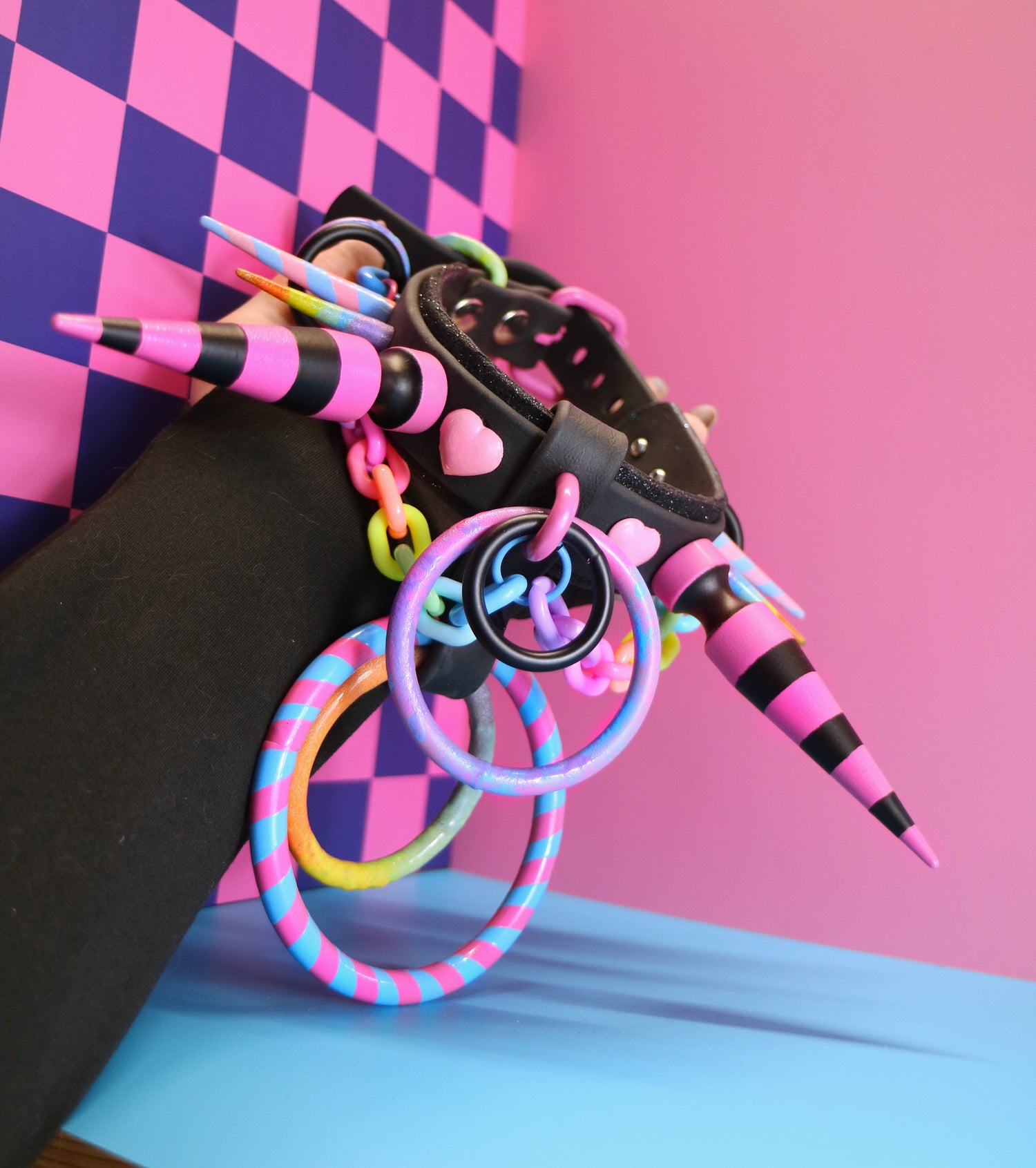 Cotton Candy Rainbow Pastel Goth Spiked Choker by Gutterscotch cyberpop hyperpop rainbow colorful spiked collar pride harajuku japanese street fashion decora pastel black extreme giant spikes punk goth aesthetic heart hearts chains glitter collar