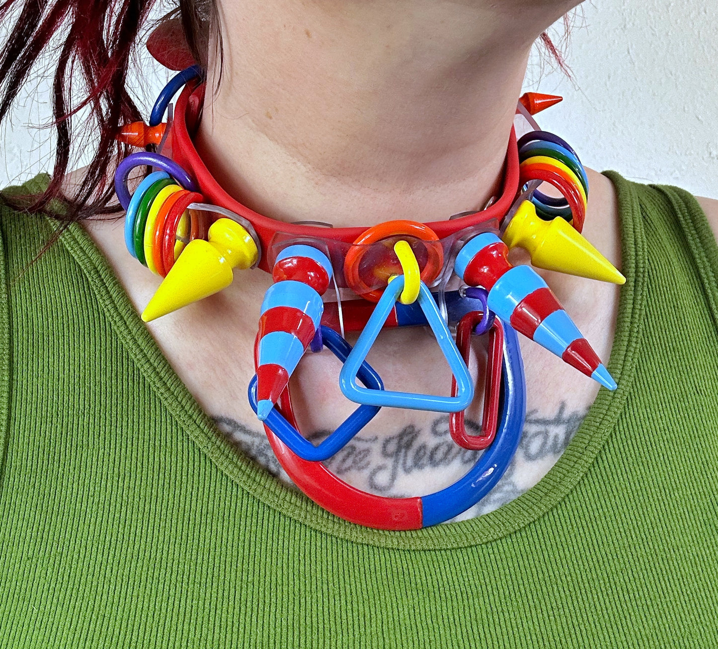 Clowncore (all versions) | Primary Colored Rainbow Powder Coated Silicone Ball Pit Strap Choker by Gutterscotch rainbow clown accessories clown outfit clown inspo mcdonalds clown birthday party goth punk harajuku decora japanese street alt fashion colorful spiked spikes choker primary color unique ooak festival rave furry fur suit fursona kid kidcore ddlg agere cosplay comicon sdcc backrooms clown collar