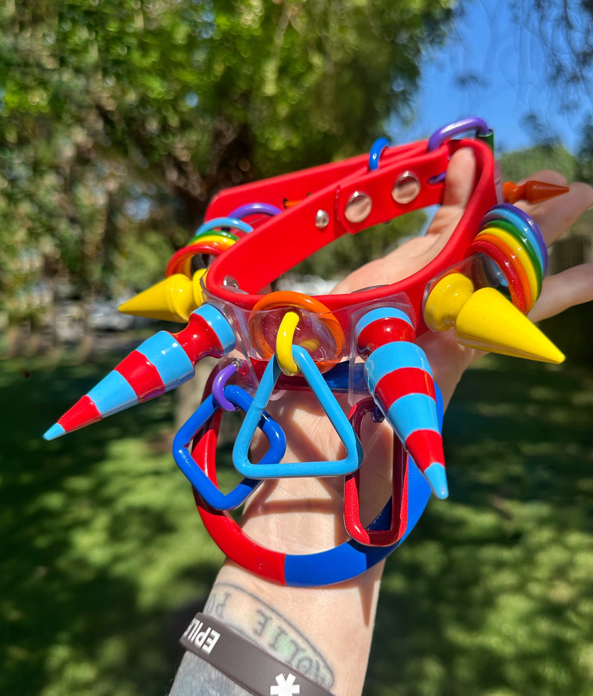 Clowncore (all versions) | Primary Colored Rainbow Powder Coated Silicone Ball Pit Strap Choker by Gutterscotch rainbow clown accessories clown outfit clown inspo mcdonalds clown birthday party goth punk harajuku decora japanese street alt fashion colorful spiked spikes choker primary color unique ooak festival rave furry fur suit fursona kid kidcore ddlg agere cosplay comicon sdcc backrooms clown collar