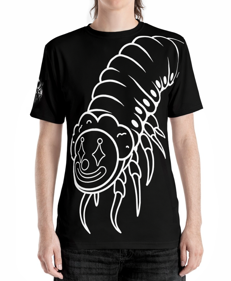 White on Black Clownipede Shirt with Metal sleeve logo