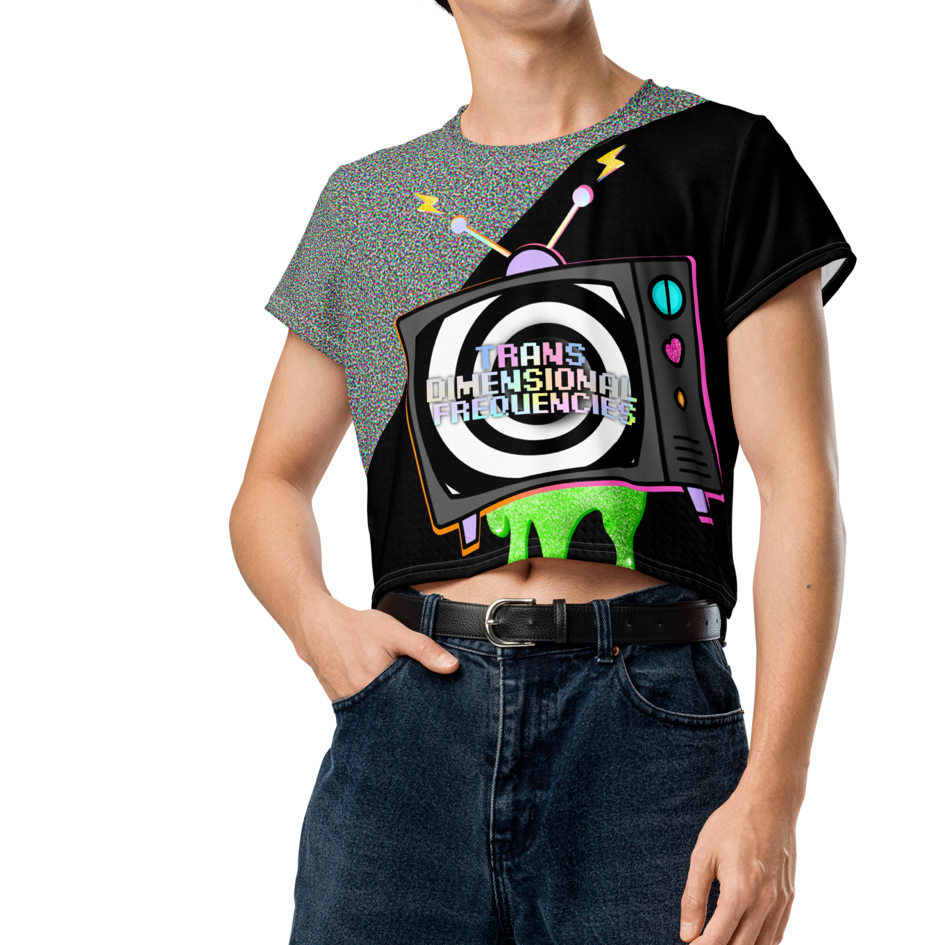 Trans Dimensional Frequencies Pride TV Crop Tee