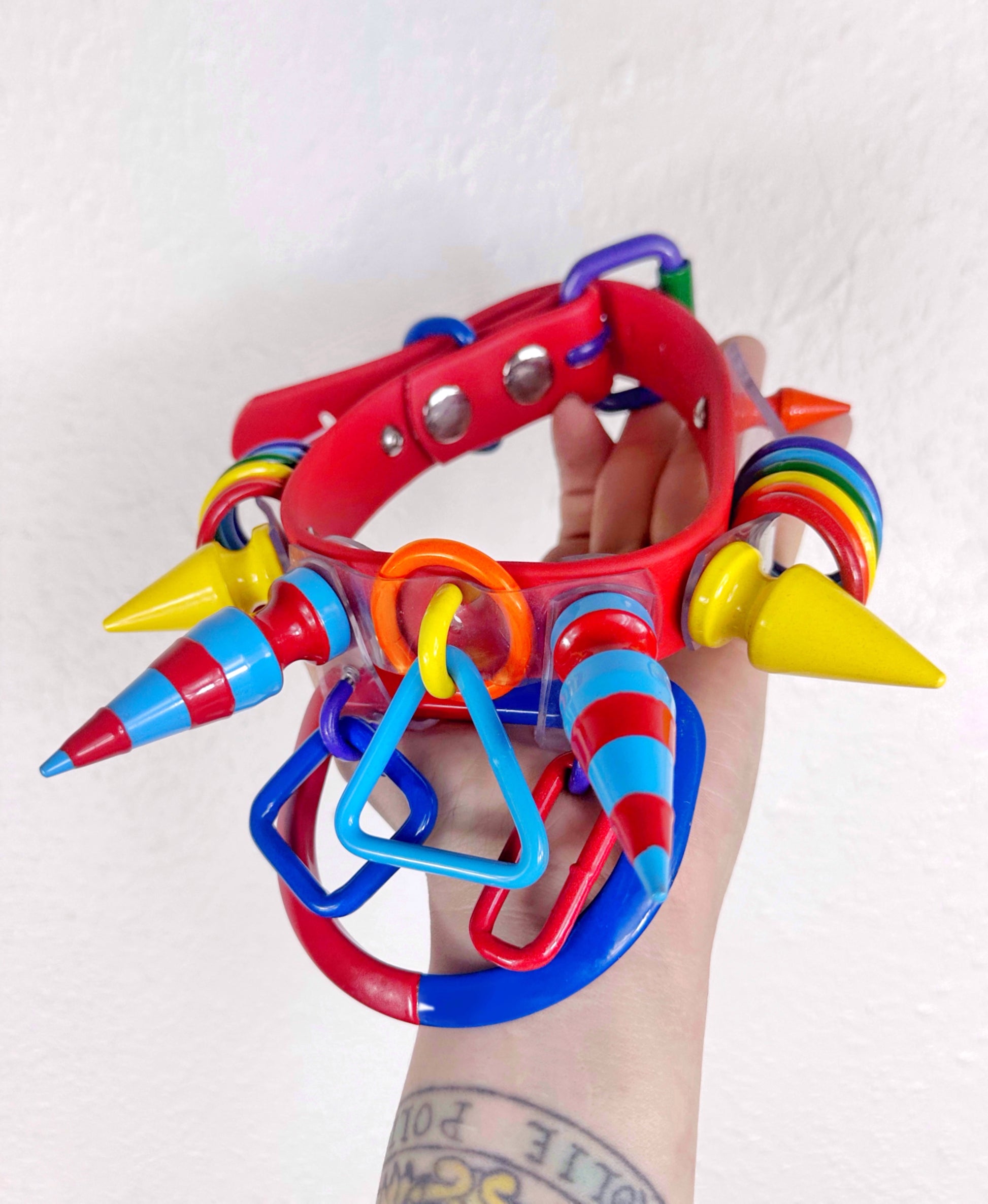 Clowncore (all versions) | Primary Colored Rainbow Powder Coated Silicone Ball Pit Strap Choker by Gutterscotch rainbow clown accessories clown outfit clown inspo mcdonalds clown birthday party goth punk harajuku decora japanese street alt fashion colorful spiked spikes choker primary color unique ooak festival rave furry fur suit fursona kid kidcore ddlg agere cosplay comicon sdcc backrooms clown collar pride gay pride month festtival rave gear 