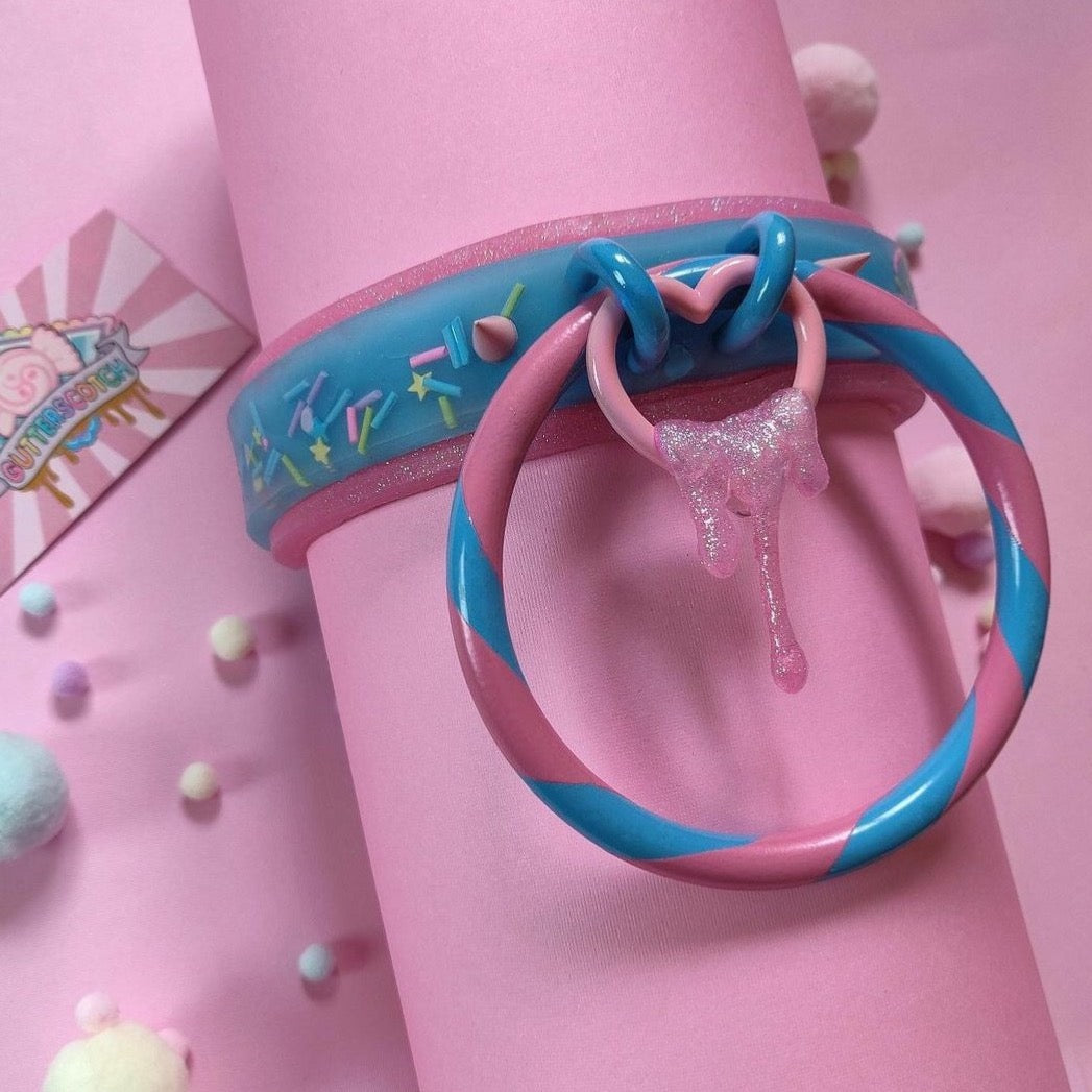 Cotton Candy Sprinkles | Pastel Sprinkles Striped Heart Collar by Guterscotch pastel goth fairy kei cyberpop hyperpop j-fashion jfashion harajuku uchuu kei tokyo streetwear street fashion alt alternative kawaii slime sprinkles food heart