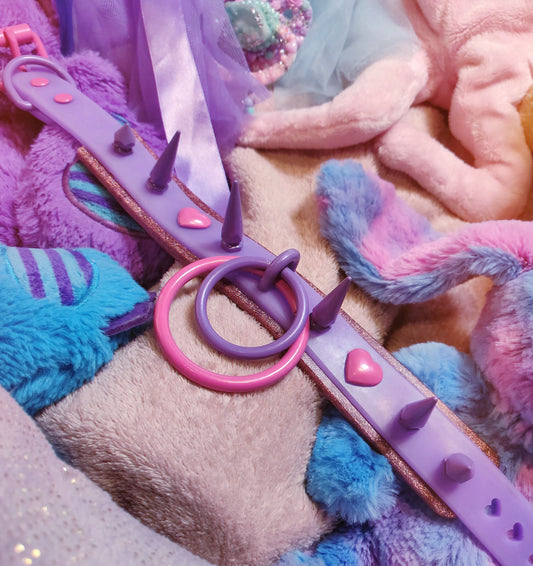 Pink and Purple Pastel Goth Powder Coated Spiked Collar by Gutterscotch creepy cute hearts bimbo alt fashion feminine cyberpop hyperpop barbie girly petplay bdsm collar choker